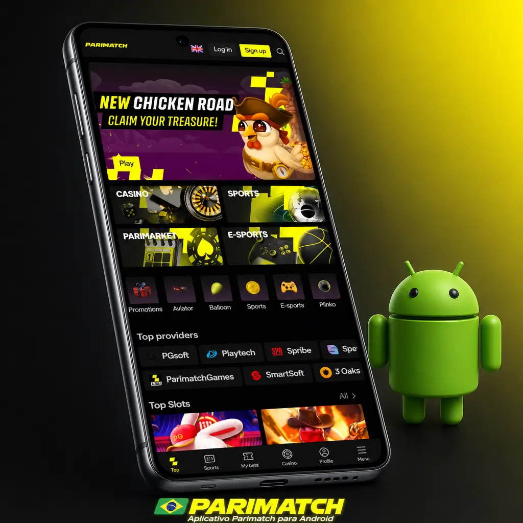Tela do aplicativo Parimatch para Android com opções de apostas esportivas e cassino disponíveis para download gratuito