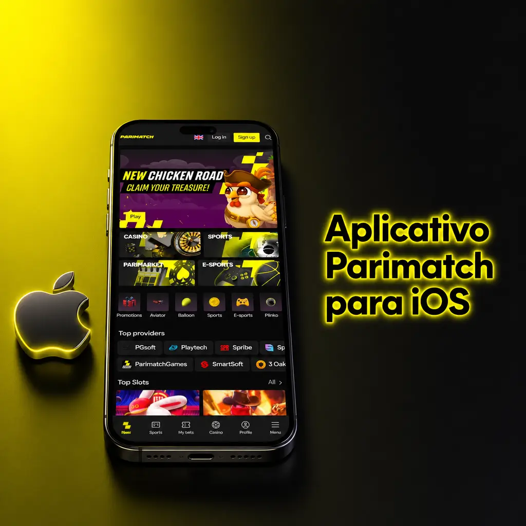 Aplicativo Parimatch para iOS no iPhone com interface de apostas esportivas e cassino ao vivo disponível na App Store