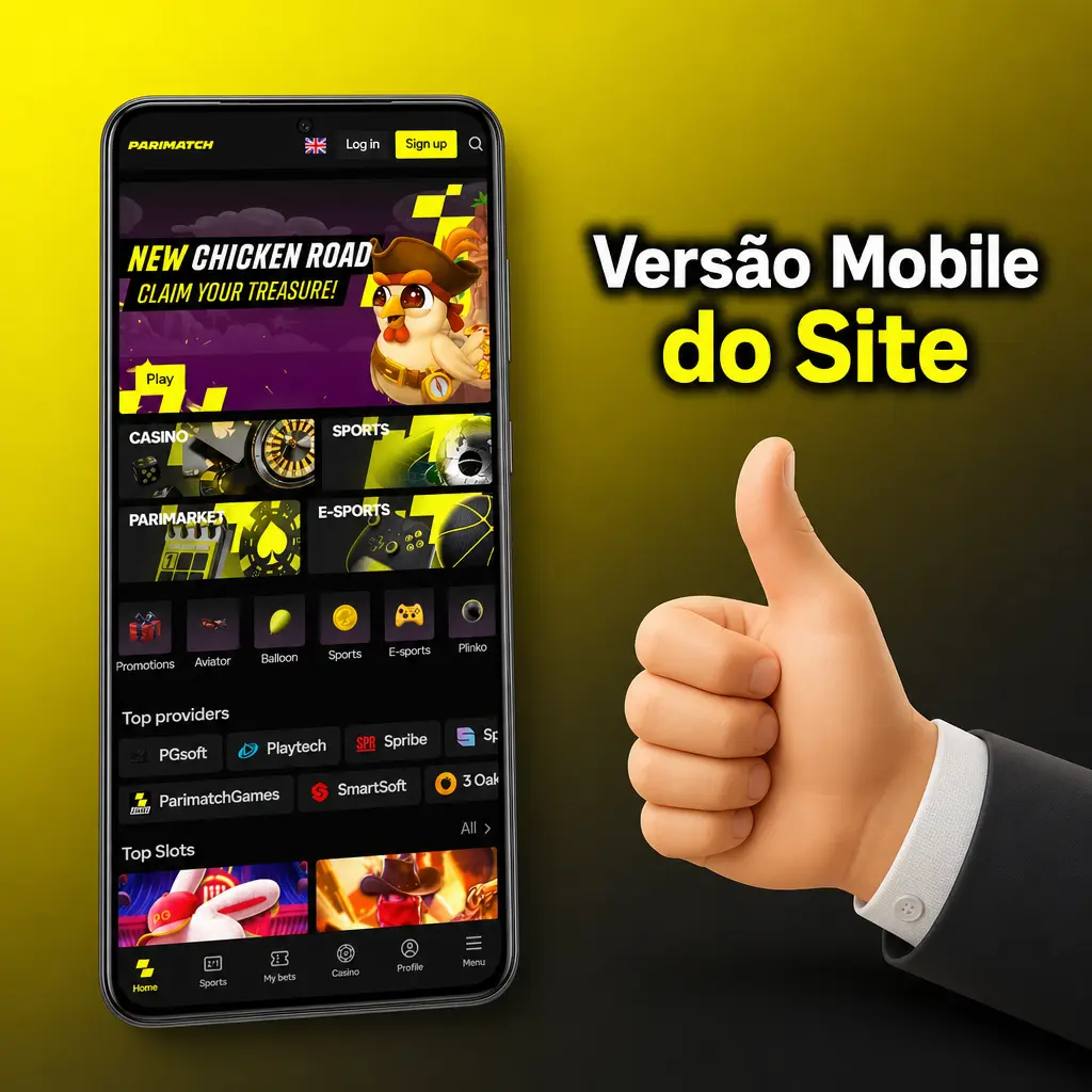 Versão mobile da Parimatch no navegador do smartphone com layout adaptado para apostas esportivas e cassino