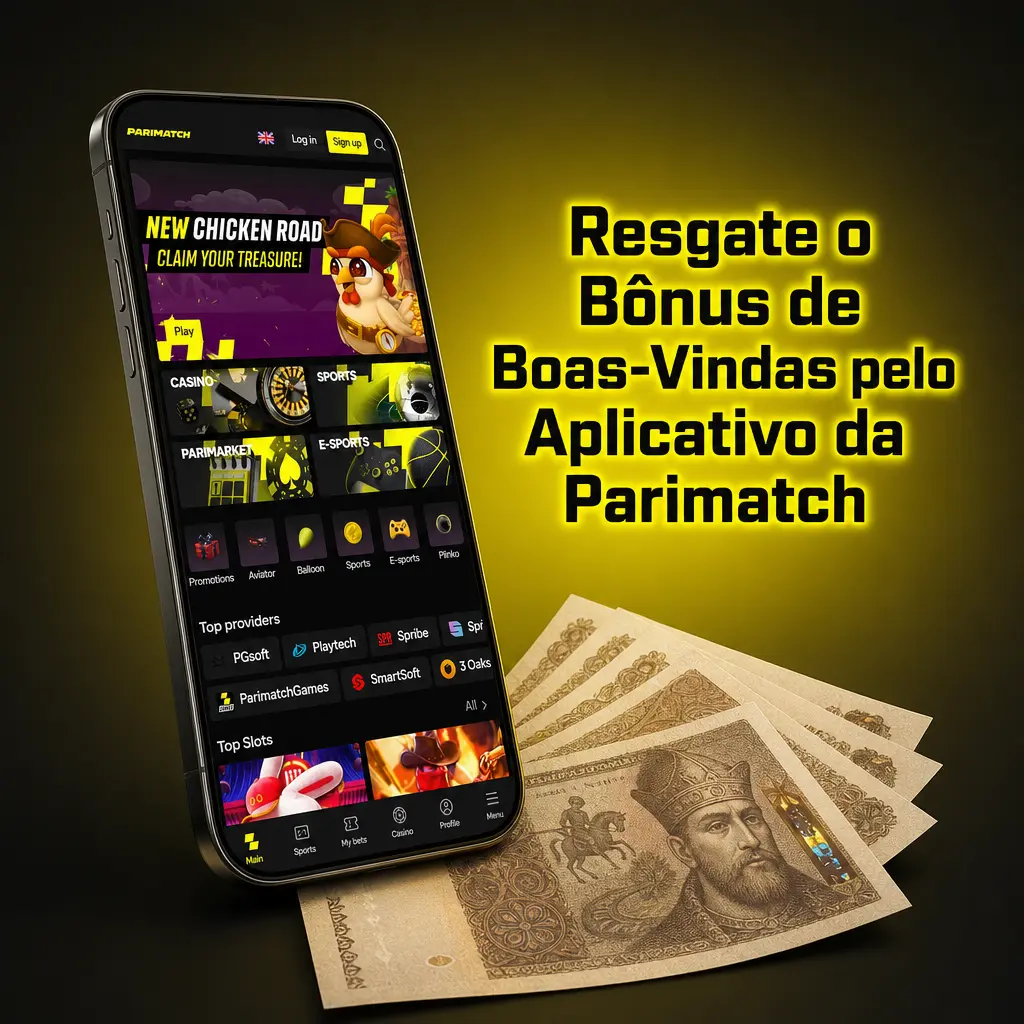 Aplicativo Parimatch no Android mostrando o bônus de boas-vindas sendo resgatado no primeiro depósito via PIX
