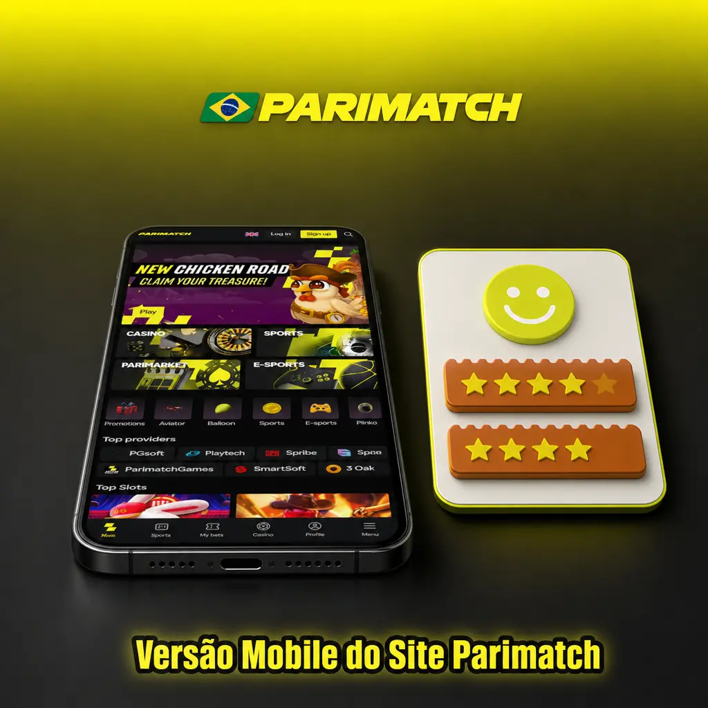 Versão mobile do site Parimatch exibida em smartphone com interface otimizada para apostas esportivas e cassino